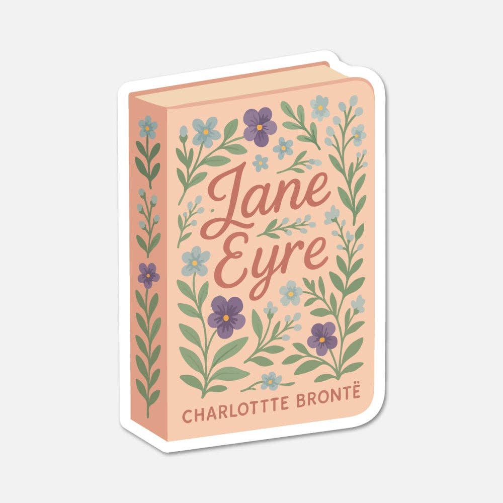 Sticker design of 'Jane Eyre' book cover with floral elements on a light pink background