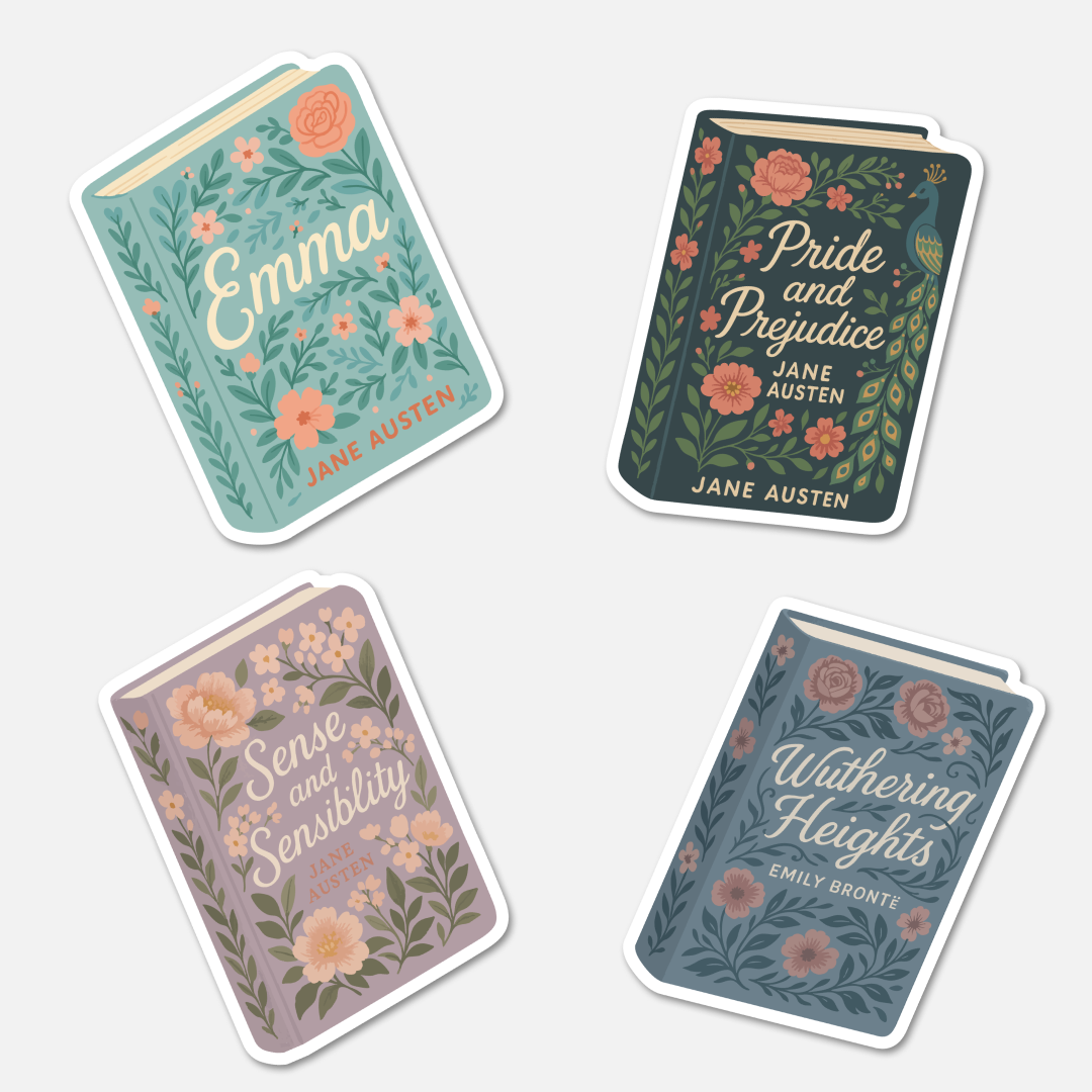Four book-themed cards with Jane Austen and other authors' works on a white background