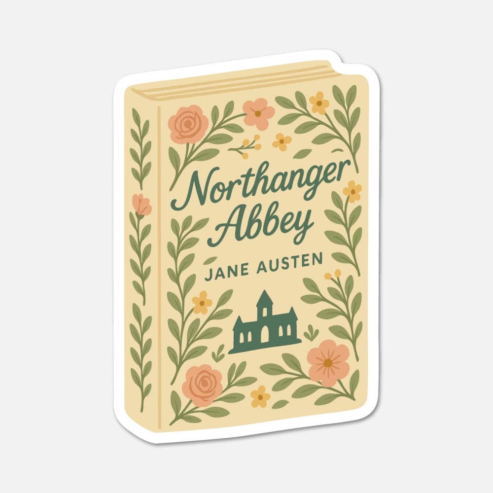 Sticker of 'Northanger Abbey' by Jane Austen with floral design on a beige background