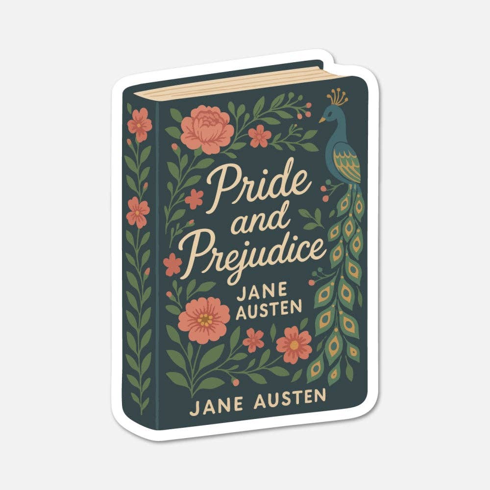 Sticker of 'Pride and Prejudice' by Jane Austen with floral design on a blue background
