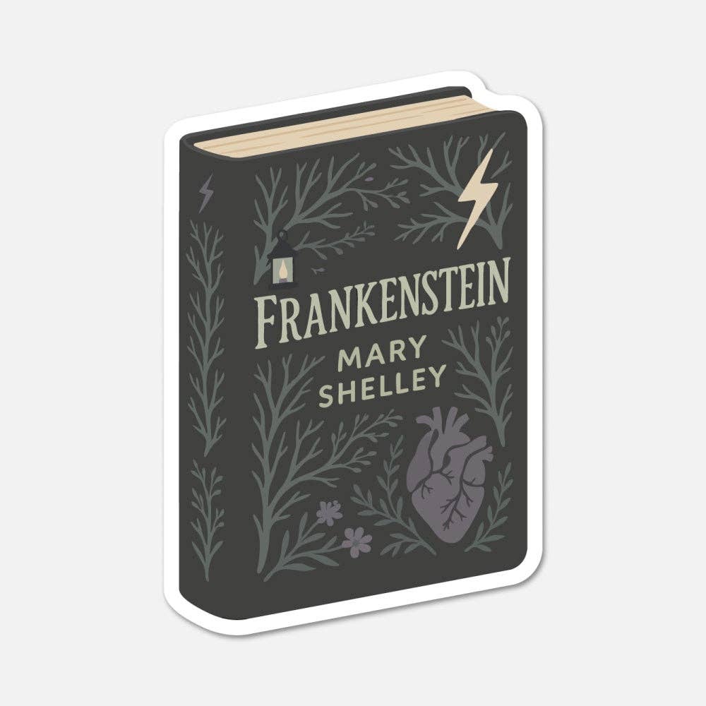 Sticker design of 'Frankenstein' by Mary Shelley with gothic elements on a dark background