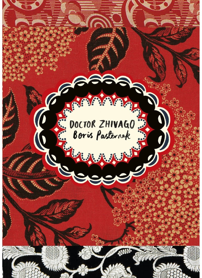 Front cover of Doctor Zhivago in red, white and black floral patters.