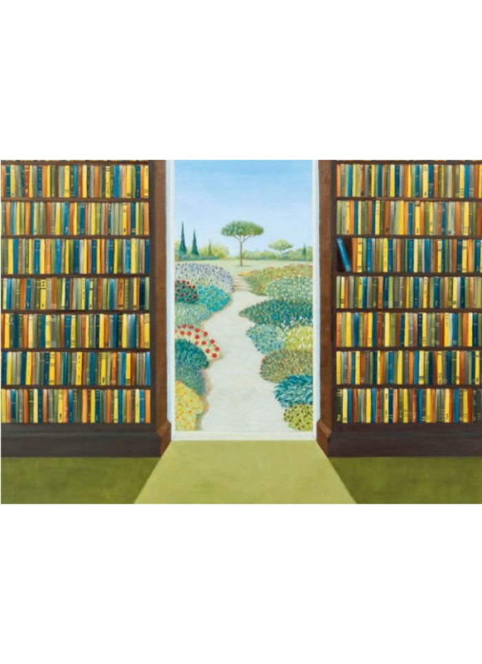 Illustration of a garden path flanked by bookshelves with books.