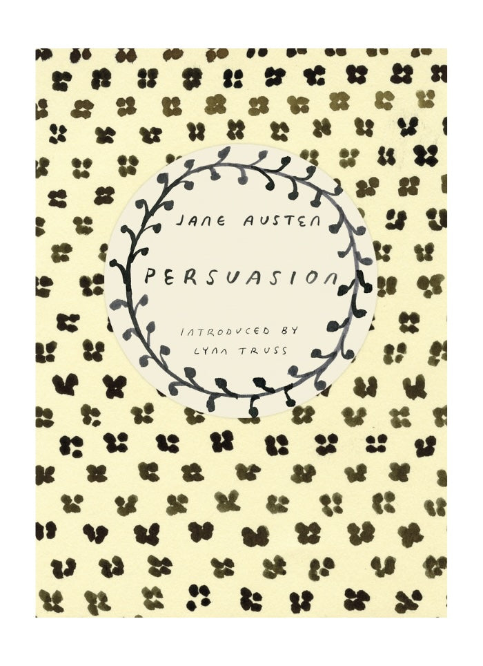 Book cover of 'Persuasion' by Jane Austen with decorative elements on a patterned background
