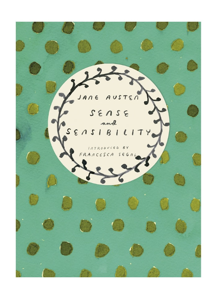 Book cover of 'Sense and Sensibility' by Jane Austen with a green polka dot pattern.