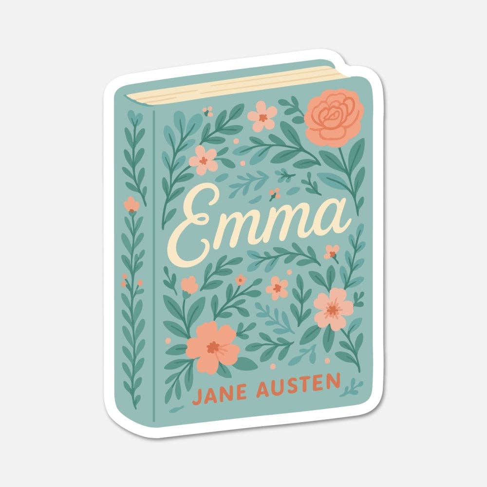 Sticker of 'Emma' by Jane Austen with floral design on a light blue background