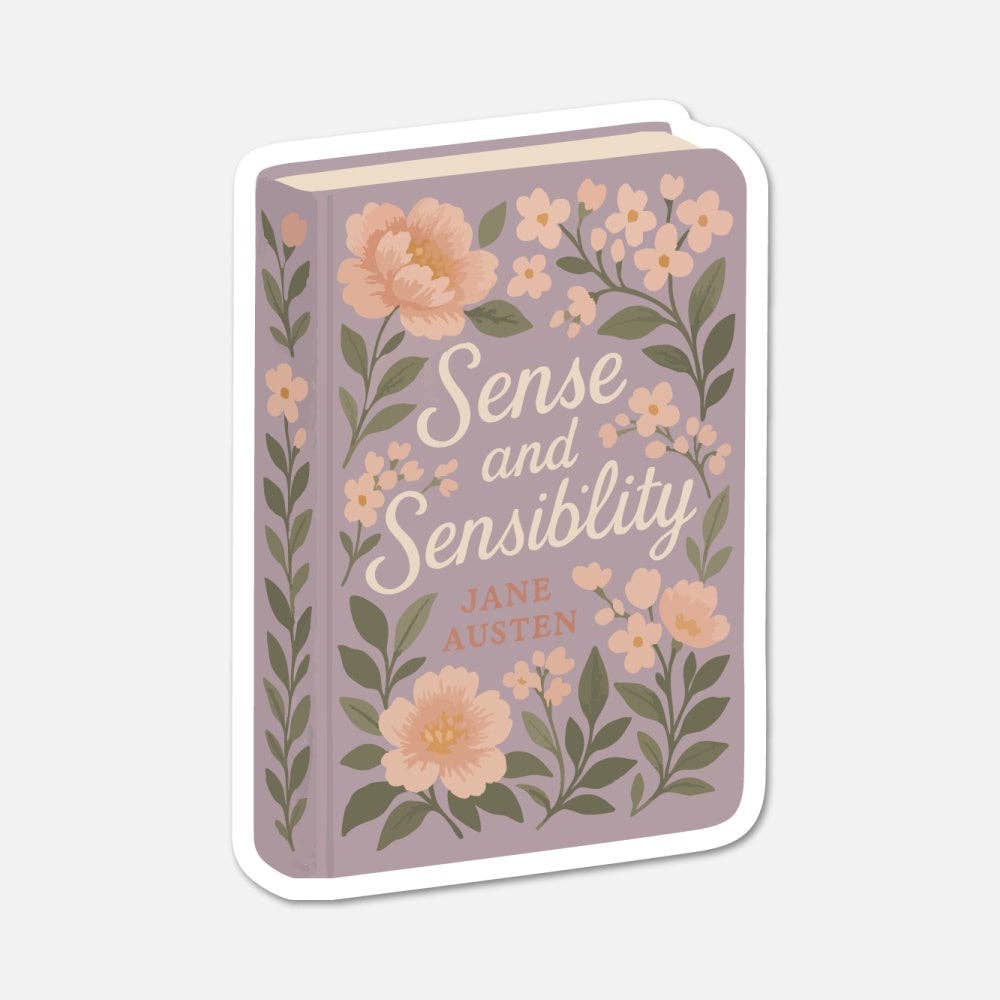Sticker of 'Sense and Sensibility' book cover with floral design on a light gray background