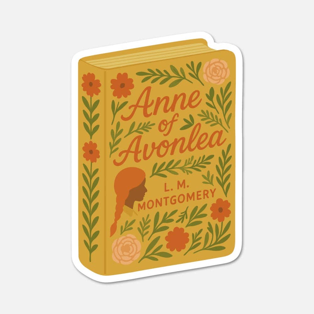 Sticker design of 'Anne of Avonlea' book cover with floral elements on a white background