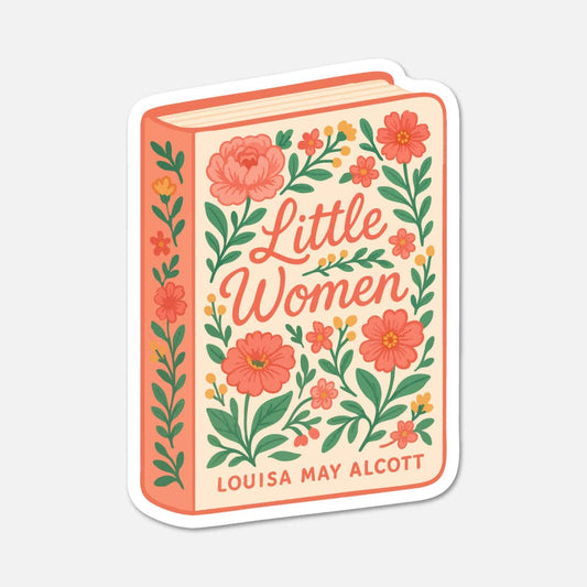 Sticker design of 'Little Women' book cover with floral elements on a light gray background