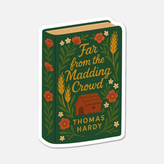 Book-shaped decorative sticker with 'Far from the Madding Crowd' by Thomas Hardy on a green background
