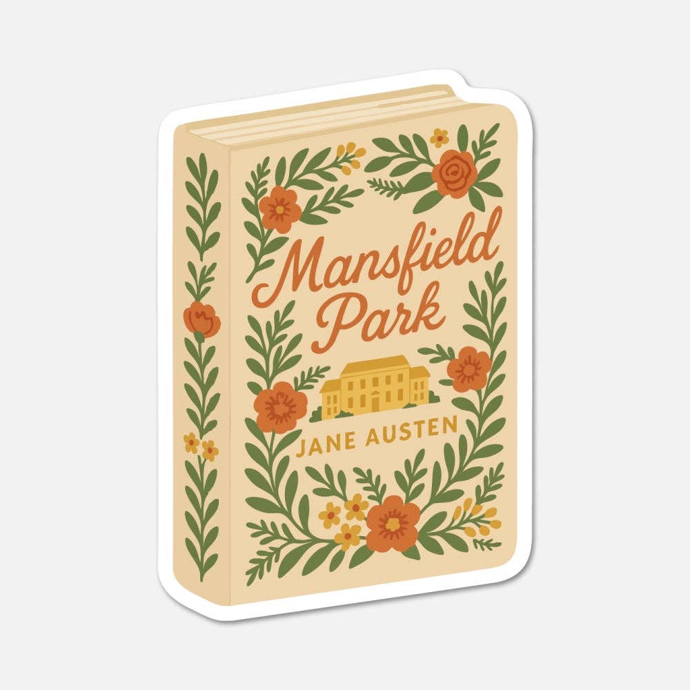 Sticker design of 'Mansfield Park' by Jane Austen with decorative elements on a light gray background