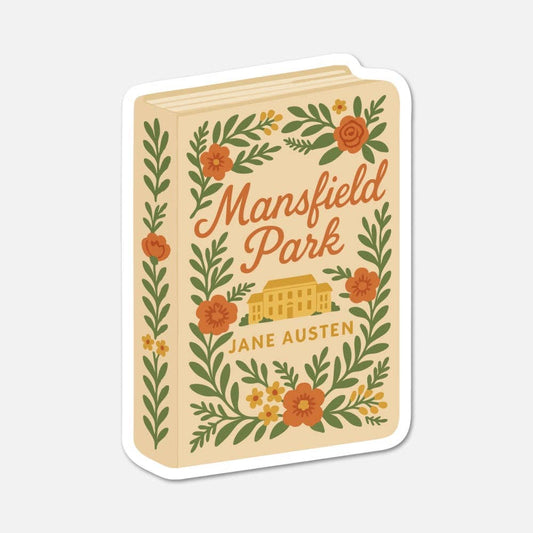 Sticker design of 'Mansfield Park' by Jane Austen with decorative elements on a light gray background