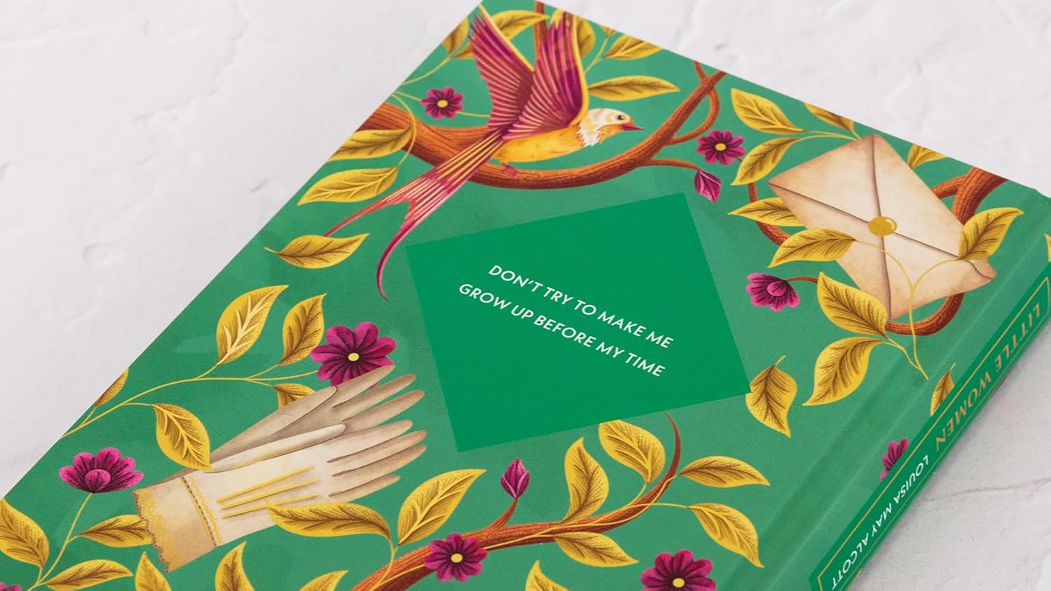 Book cover with colorful illustrations of a bird, envelope, and hand on a green background