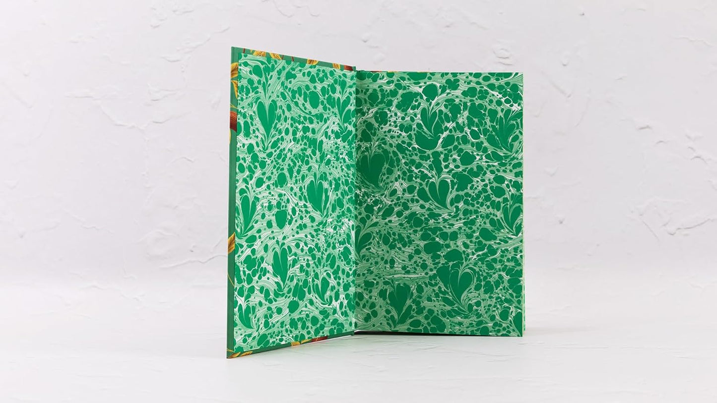 Open book with green marbled pages on a white background
