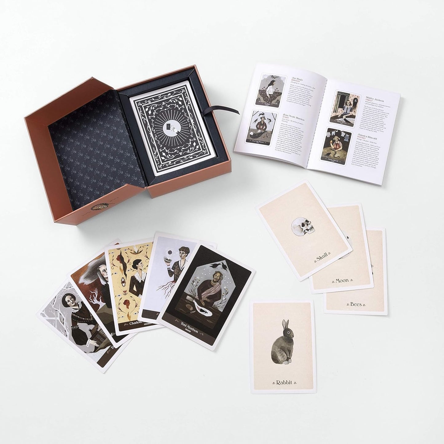 Collection of tarot cards and booklets on a white surface