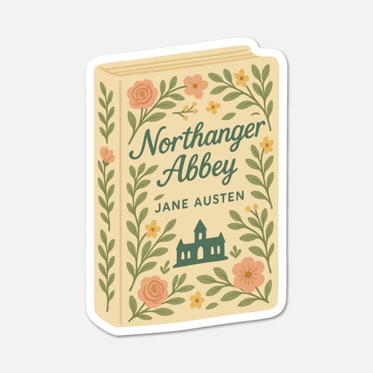 Sticker of 'Northanger Abbey' by Jane Austen with floral design on a beige background