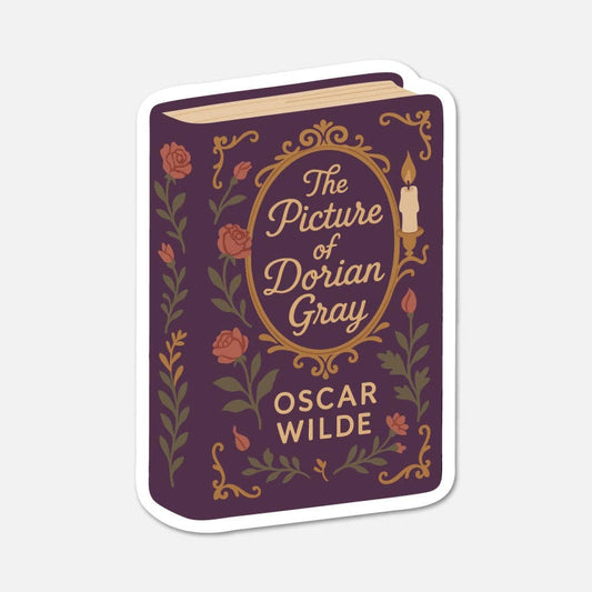Sticker design of 'The Picture of Dorian Gray' by Oscar Wilde with decorative elements on a white background