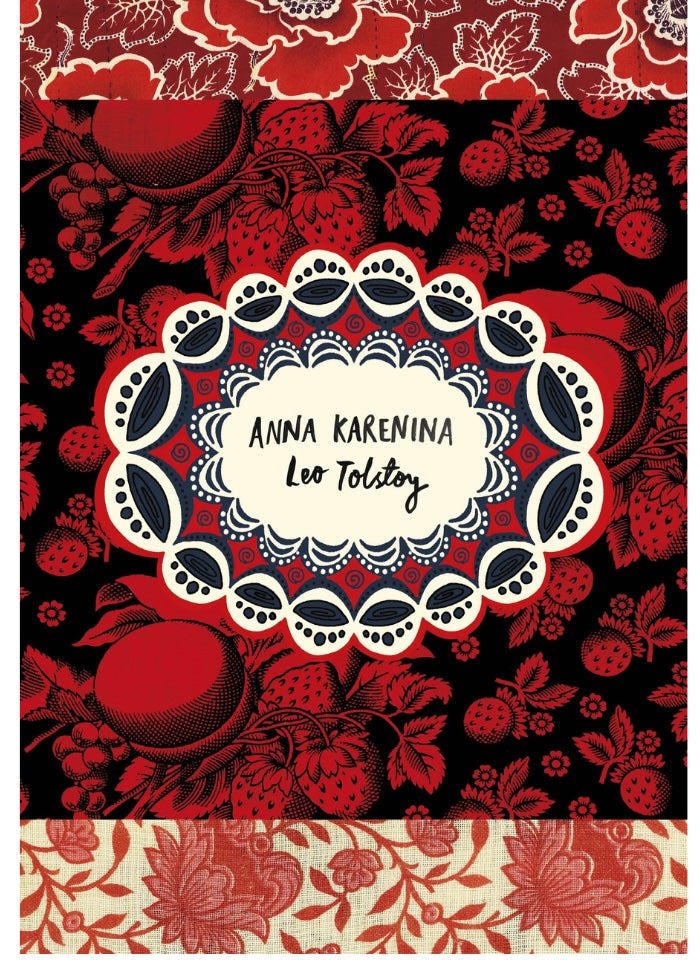 Book cover of 'Anna Karenina' with red and black floral pattern