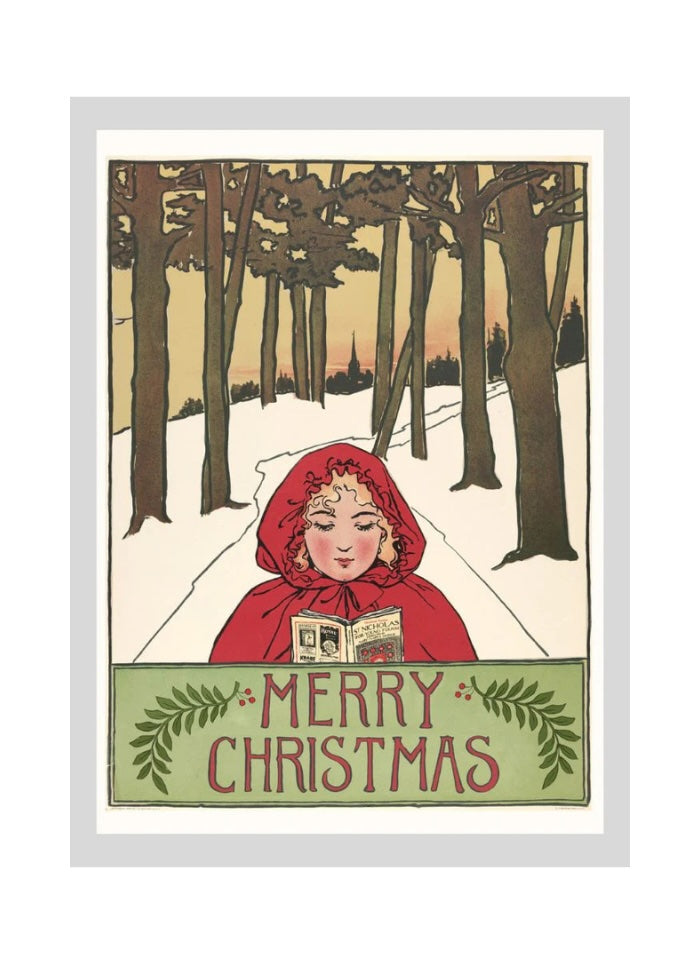 Vintage-style Christmas card with a person in a red hood reading a book in a snowy forest.
