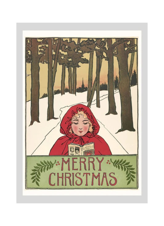 Vintage-style Christmas card with a person in a red hood reading a book in a snowy forest.