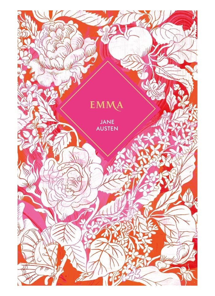 Floral design book cover with 'Emma' by Jane Austen text