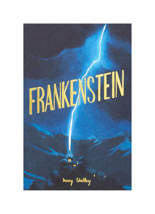 Book cover of 'Frankenstein' with a lightning bolt and dark background