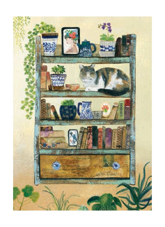 Decorative illustration of a bookshelf with a cat, books, and decorative items on a light background.