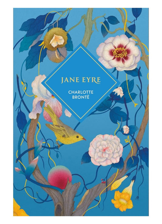 Book cover of 'Jane Eyre' by Charlotte Bronte with floral and bird design on a blue background