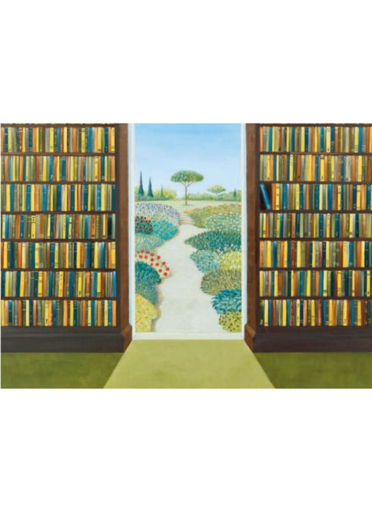 Illustration of a garden path flanked by bookshelves with books.