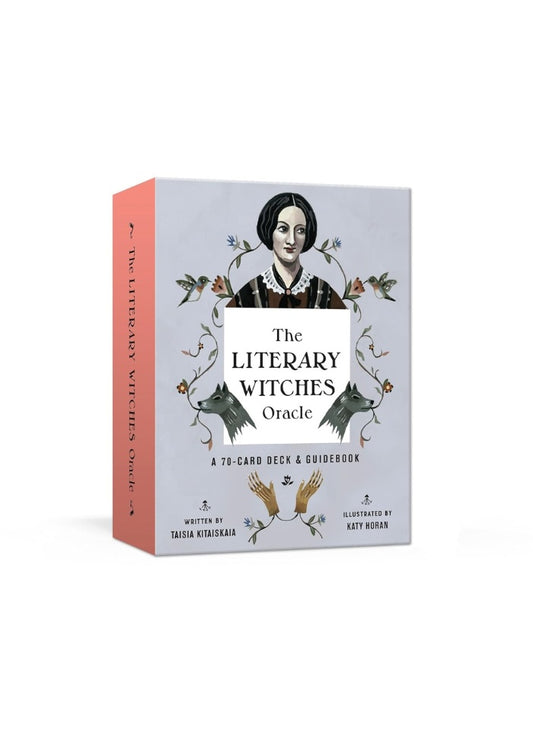 Box for 'The Literary Witches Oracle' with a design of a woman and wolves on a white background.