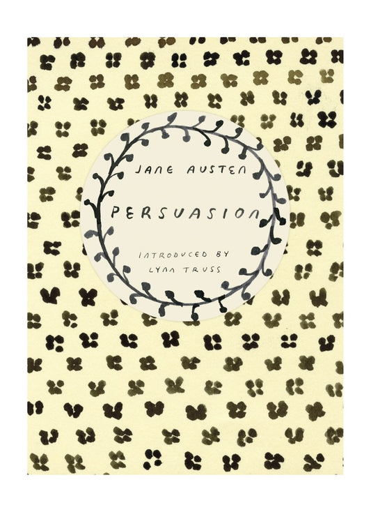 Book cover of 'Persuasion' by Jane Austen with decorative elements on a patterned background