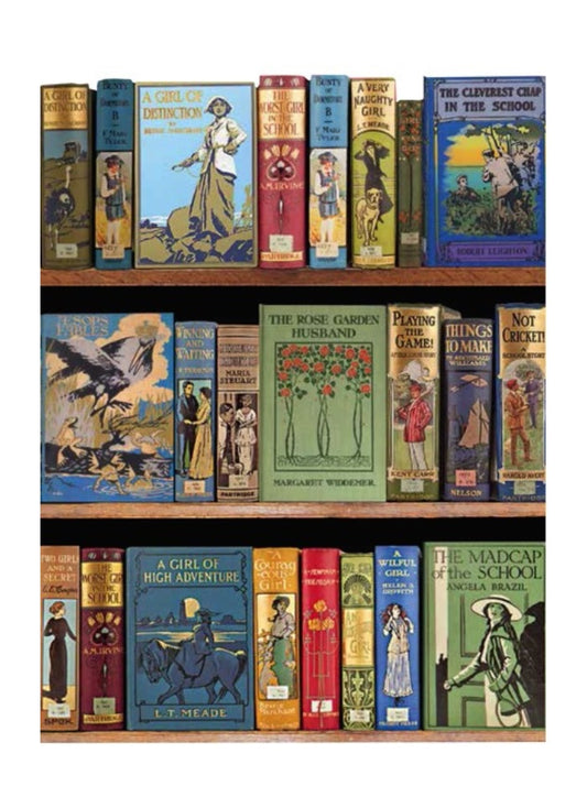 Collection of vintage books on a bookshelf with colorful covers.