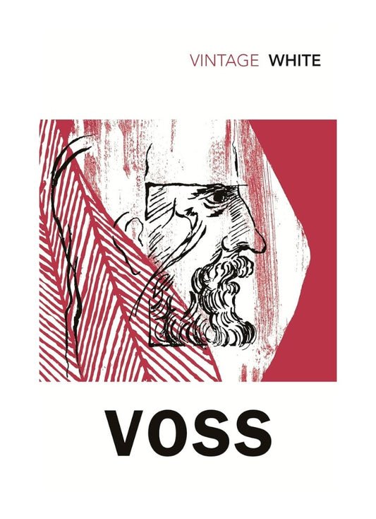 Book cover of 'Voss' with a stylized illustration of a face and red abstract design on a white background.