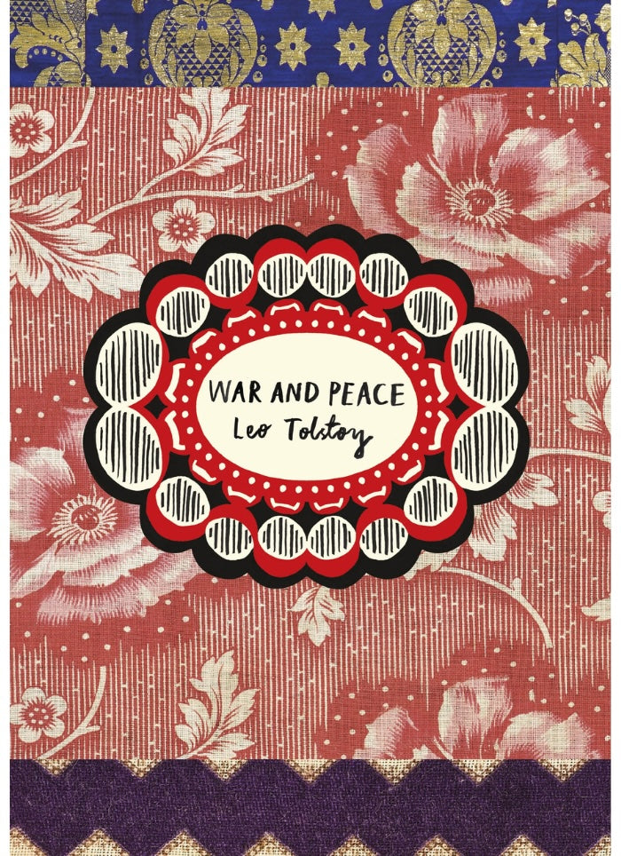 Book cover of 'War and Peace' by Leo Tolstoy with decorative floral patterns and a red background.