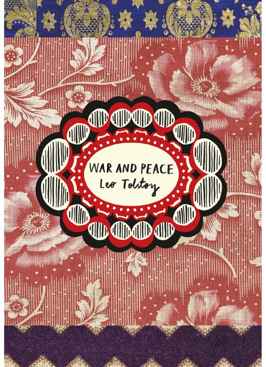 Book cover of 'War and Peace' by Leo Tolstoy with decorative floral patterns and a red background.