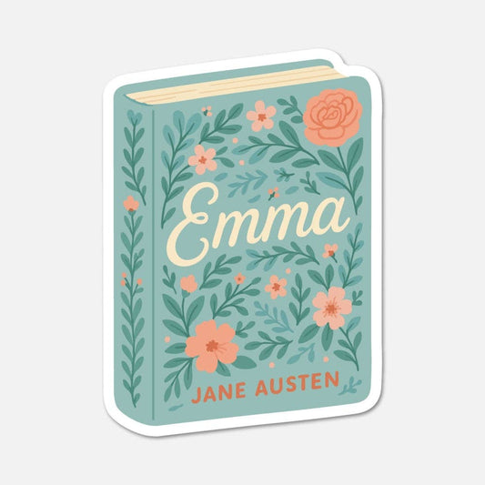 Sticker of 'Emma' by Jane Austen with floral design on a light blue background