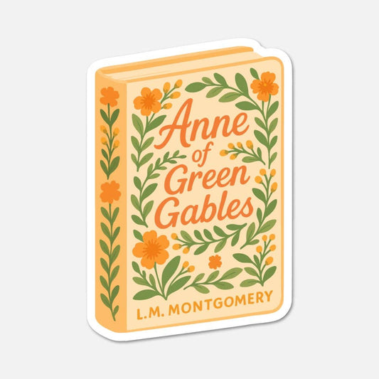 Sticker design of 'Anne of Green Gables' book cover with floral elements on a light gray background