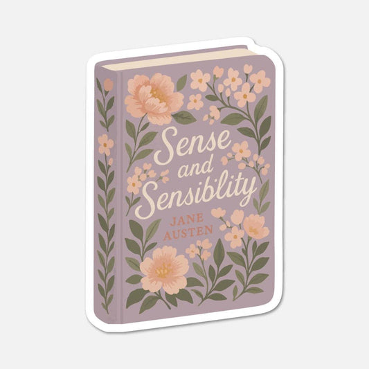 Sticker of 'Sense and Sensibility' book cover with floral design on a light gray background