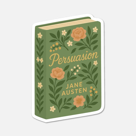 Sticker of 'Persuasion' by Jane Austen with floral design on a green background