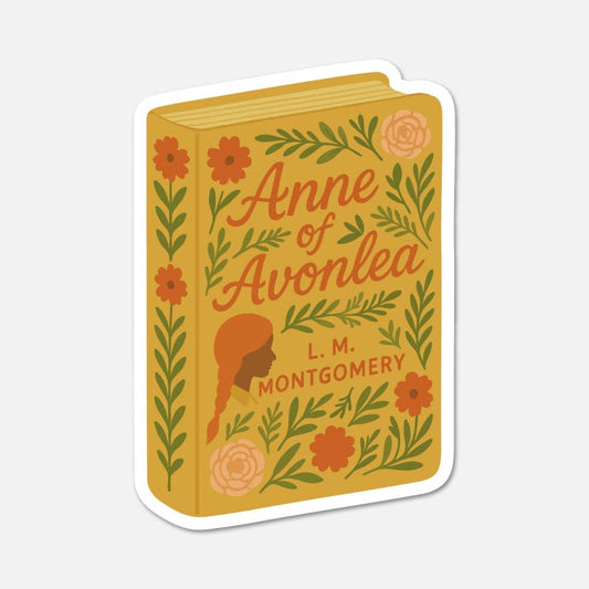 Sticker design of 'Anne of Avonlea' book cover with floral elements on a white background