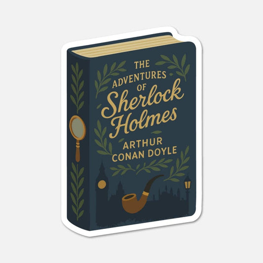Sticker design of 'The Adventures of Sherlock Holmes' book cover with decorative elements on a white background.