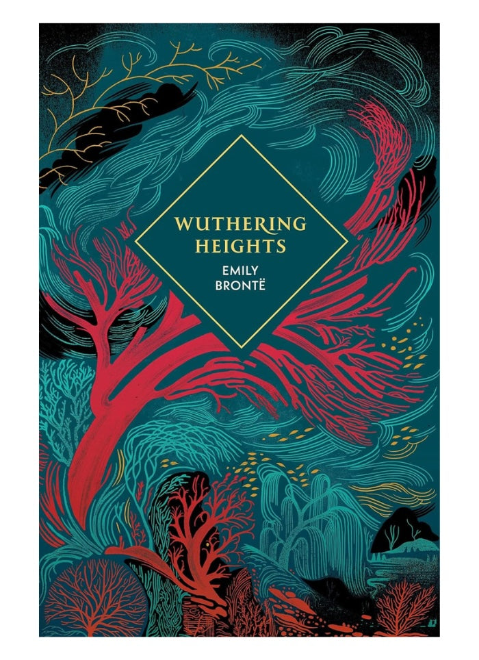 Book cover of 'Wuthering Heights' by Emily Bronte with artistic design elements.
